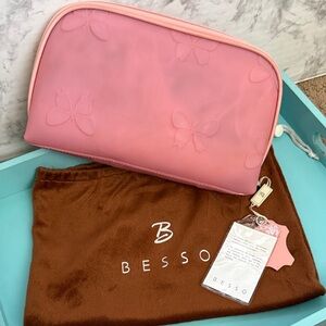 Besso Pink Embossed Butterfly Cosmetic Bag W/ Dust-bag & Wristlet Strap - NWT
